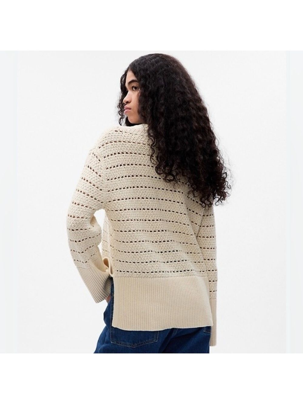 Gap cotton crochet split hem 24/7 cardigan Large neutral Pointelle
